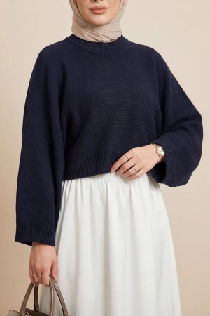 Yarım Boğazlı Yarasa Kol Etek Üstü Triko Kazak -Laci