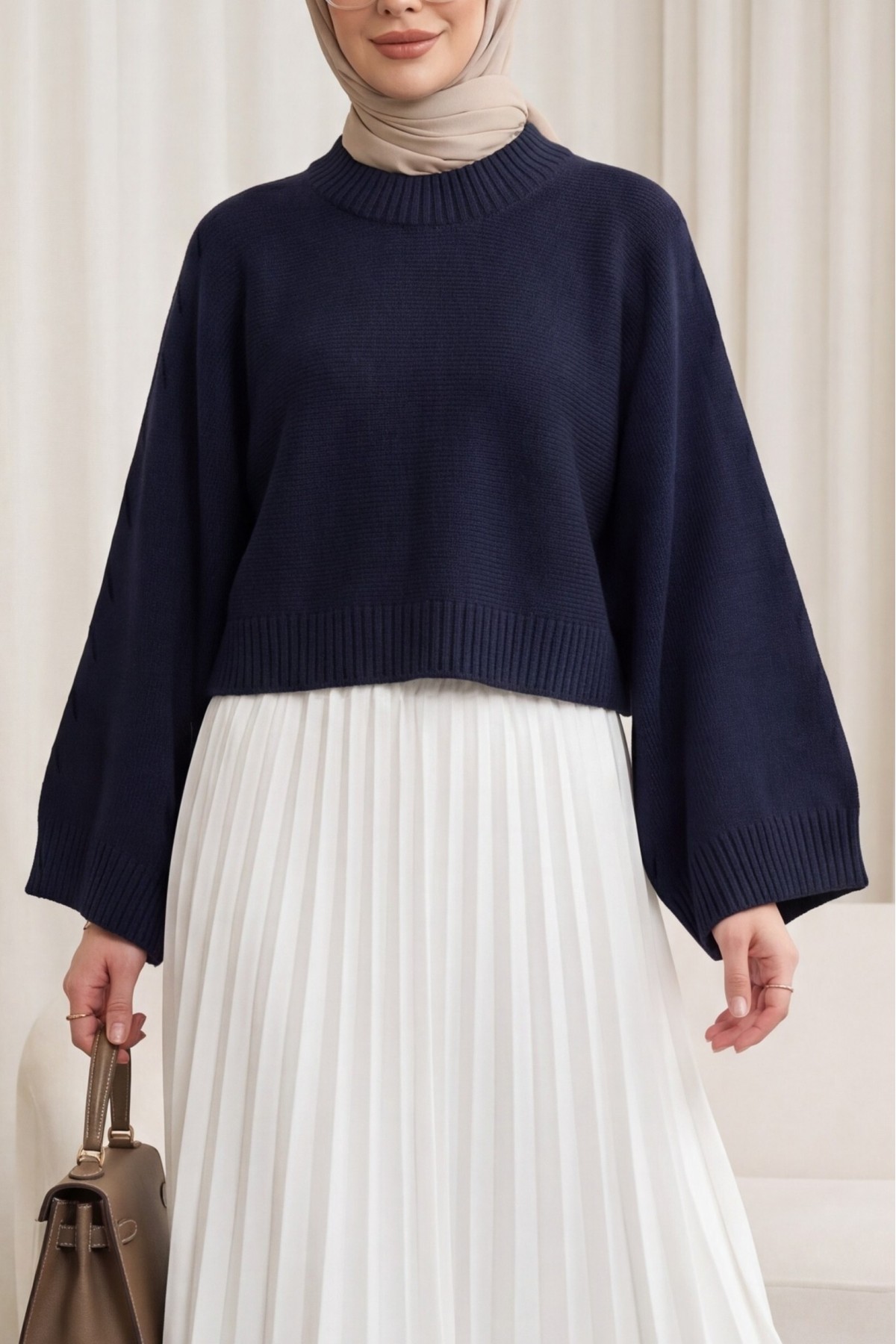 Half-Neck Batwing Sleeve Knitted Sweater for Skirt -Navy blue