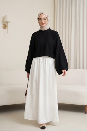 Yarım Boğazlı Yarasa Kol Etek Üstü Triko Kazak -Siyah