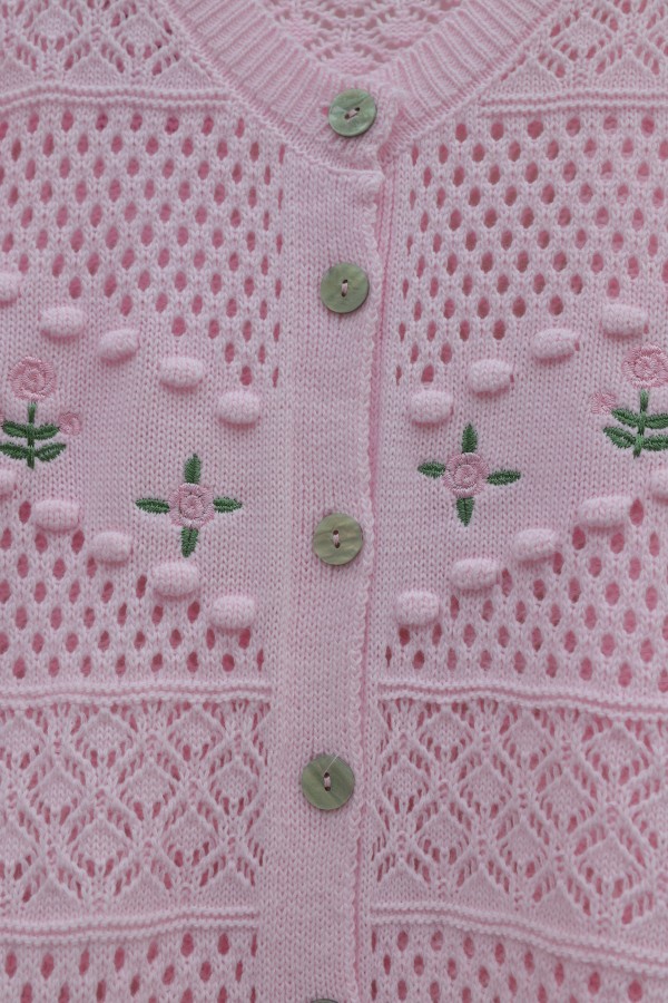 Knitted Cardigan with Floral Embroidery, Pom -Pink