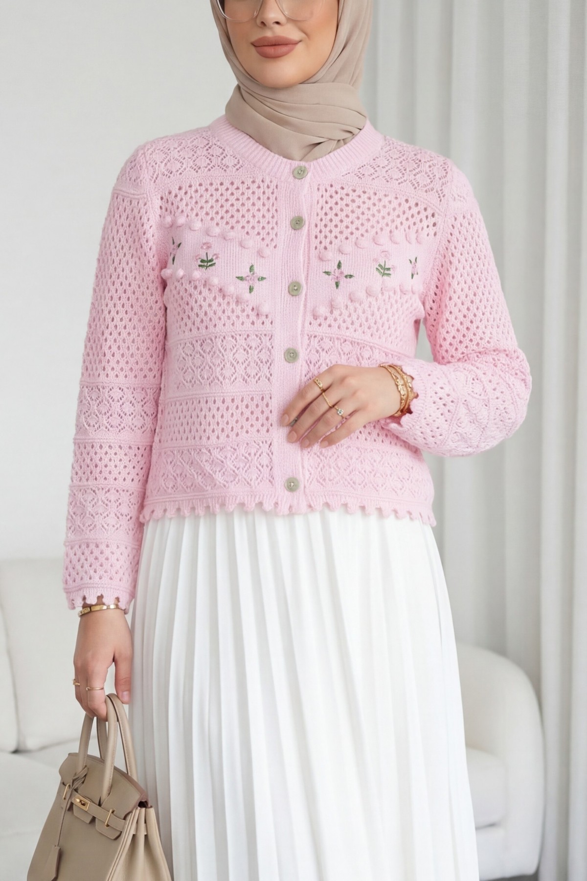 Knitted Cardigan with Floral Embroidery, Pom -Pink