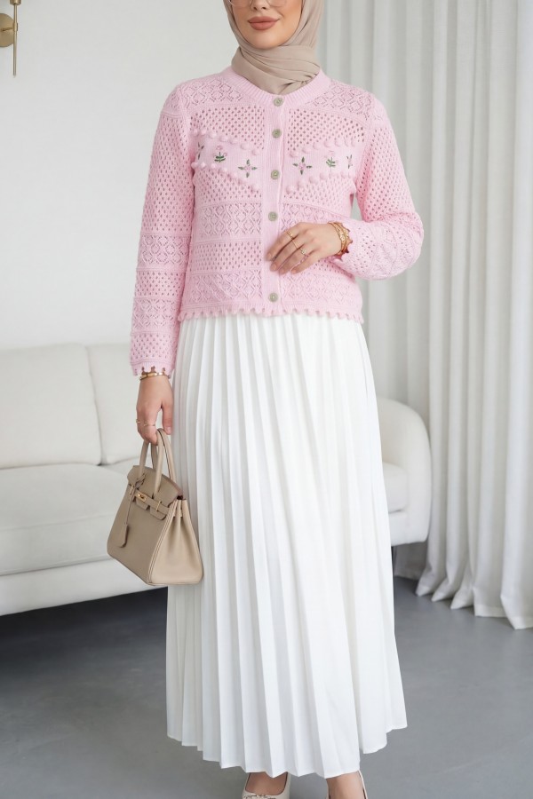 Knitted Cardigan with Floral Embroidery, Pom -Pink