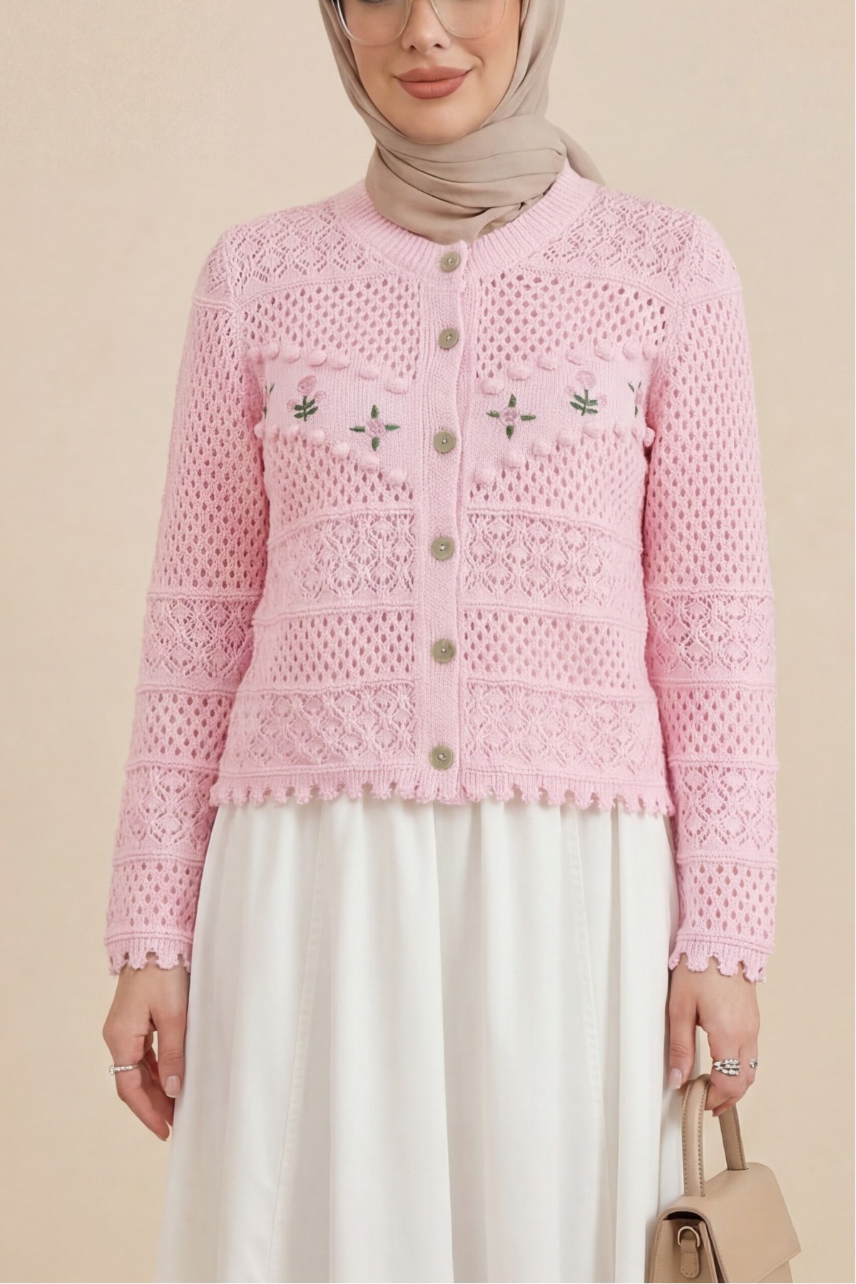 Knitted Cardigan with Floral Embroidery, Pom -Pink