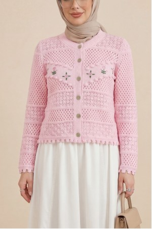 Önü Çiçek Nakışlı Ponponlu Düğmeli Triko Hırka  -Pembe