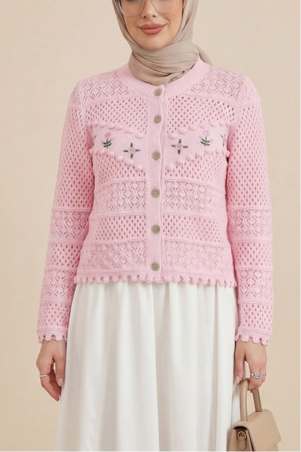 Knitted Cardigan with Floral Embroidery, Pom -Pink