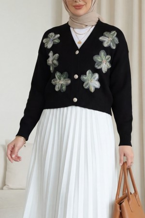 Buttoned knitted cardigan with sequin and floral details on the front.  -Black