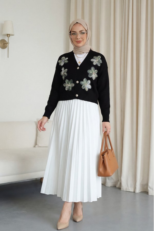 Buttoned knitted cardigan with sequin and floral details on the front.  -Black