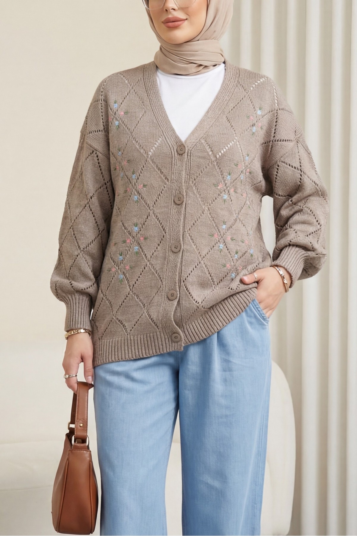 Openwork Floral Embroidered Buttoned Knitwear Cardigan       - Soil