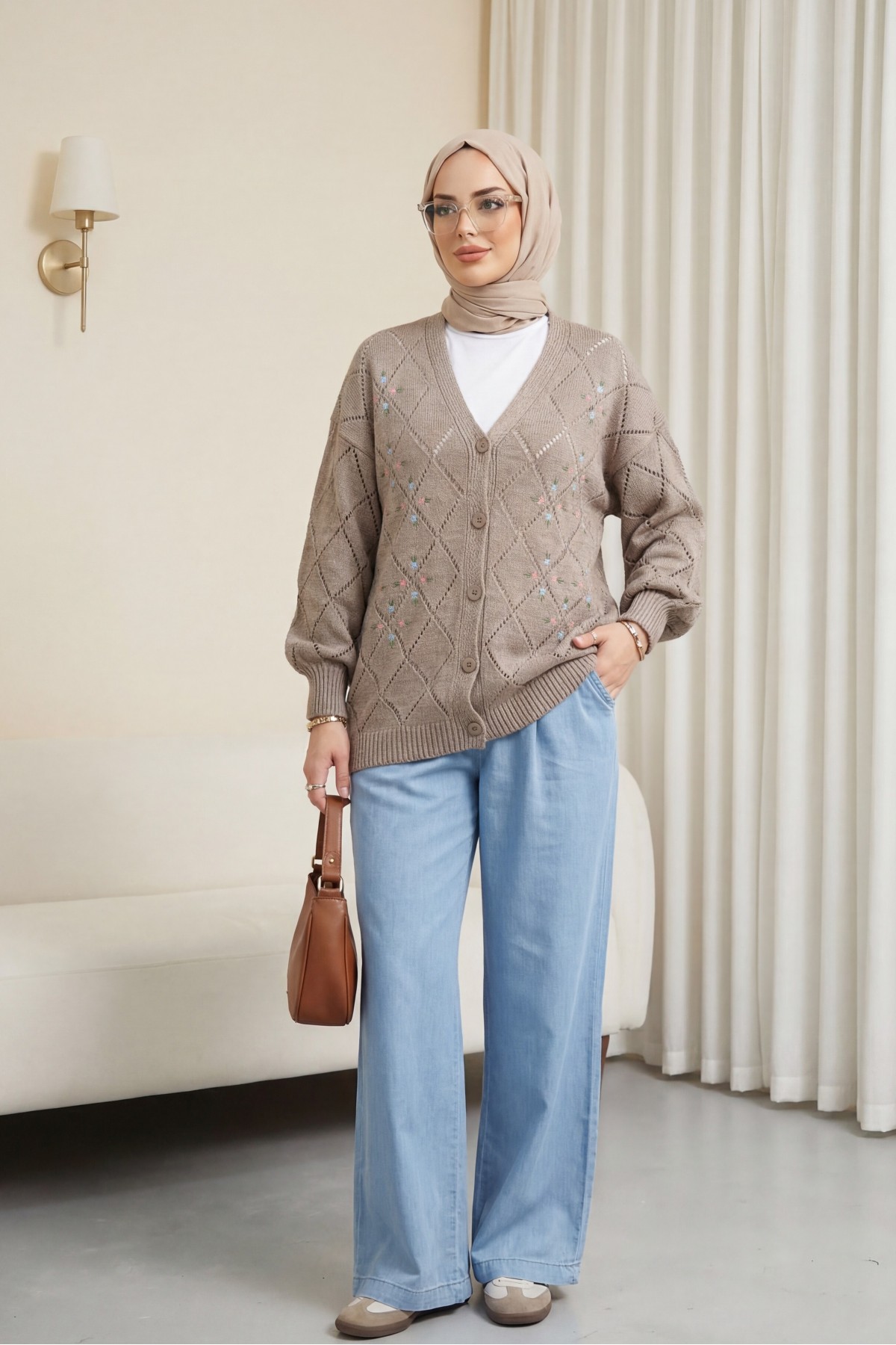 Openwork Floral Embroidered Buttoned Knitwear Cardigan       - Soil