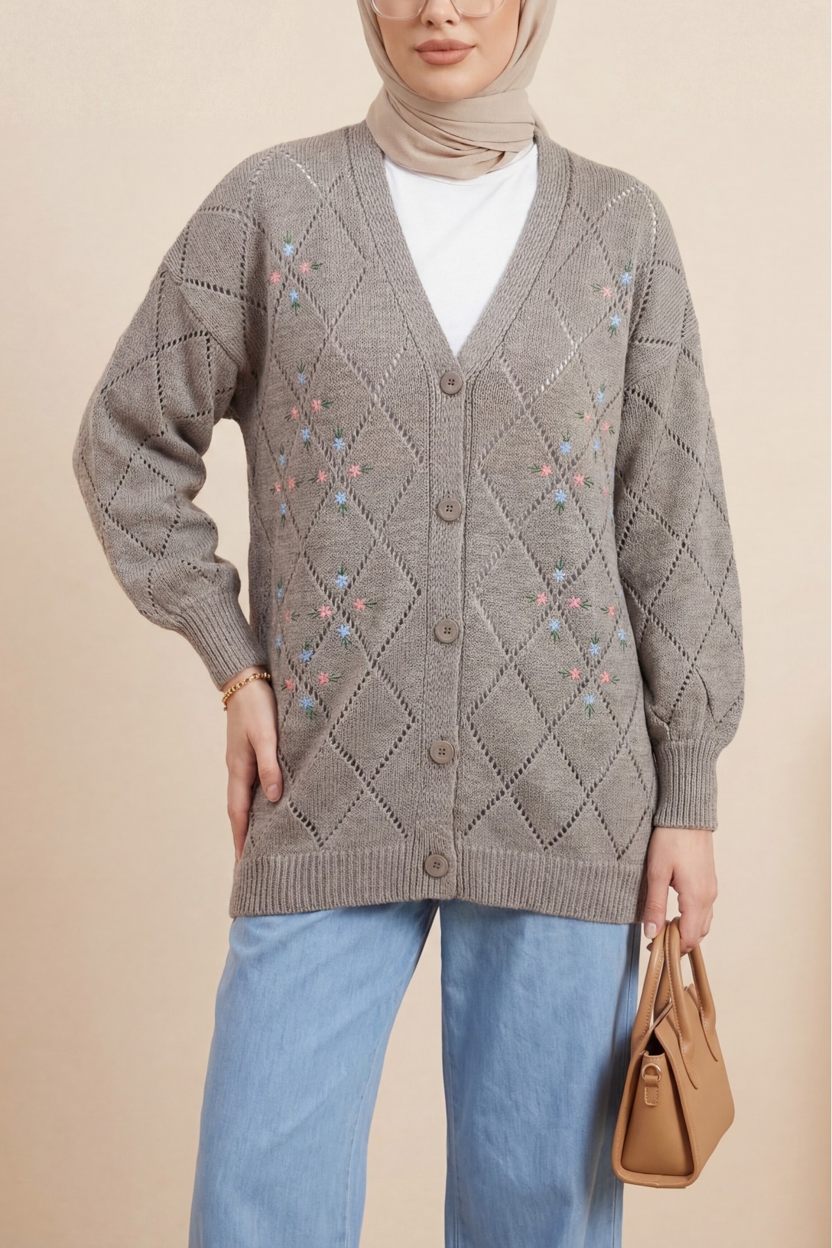 Openwork Floral Embroidered Buttoned Knitwear Cardigan       - Soil
