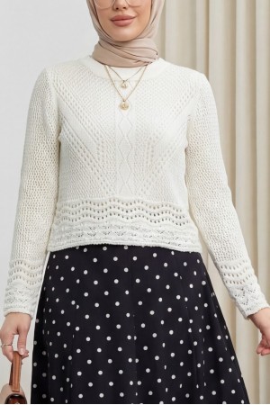 Ajurlu Desenli İnce Örgü Triko -Ekru