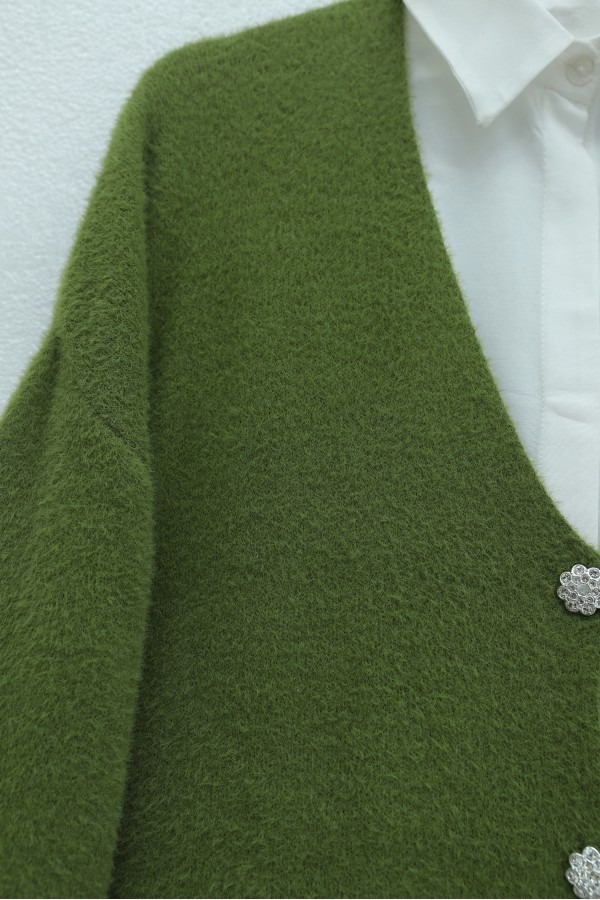 Buttoned Front Bearded Casual Knit Cardigan    -Khaki