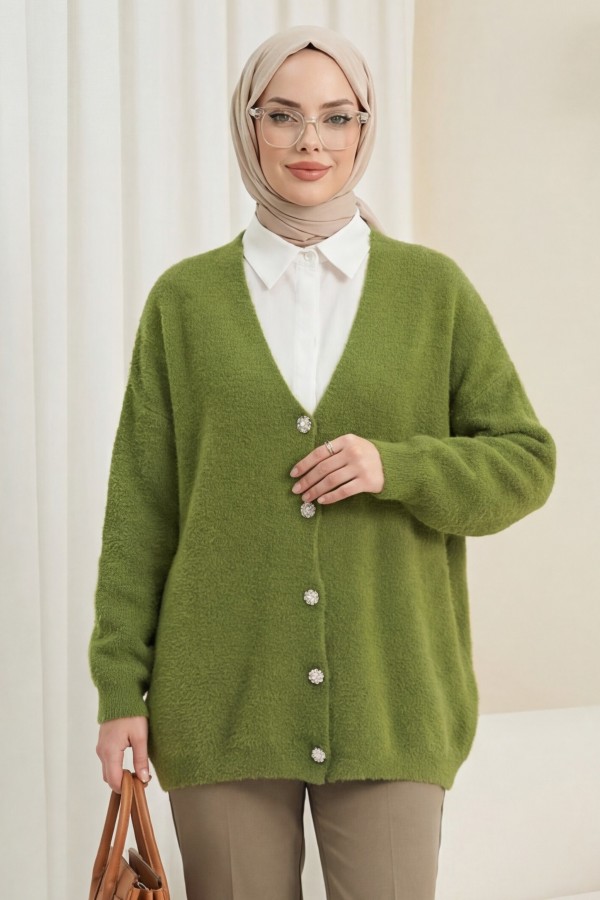 Buttoned Front Bearded Casual Knit Cardigan    -Khaki