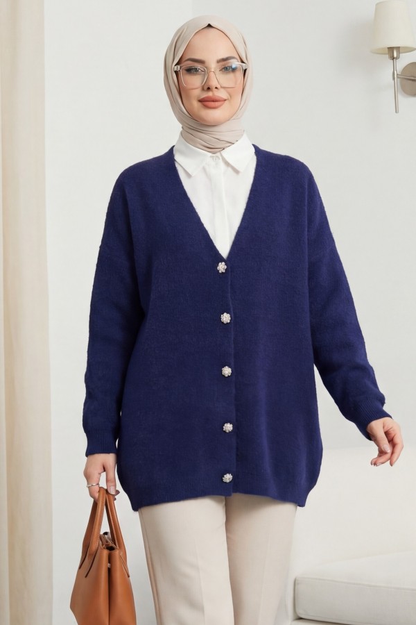 Buttoned Front Bearded Casual Knit Cardigan    -Navy blue