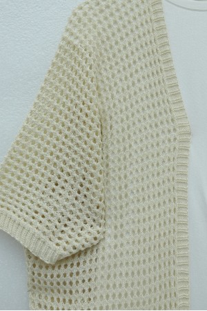 Yarasa Yarım Kol Ajurlu Triko Hırka  -Bej