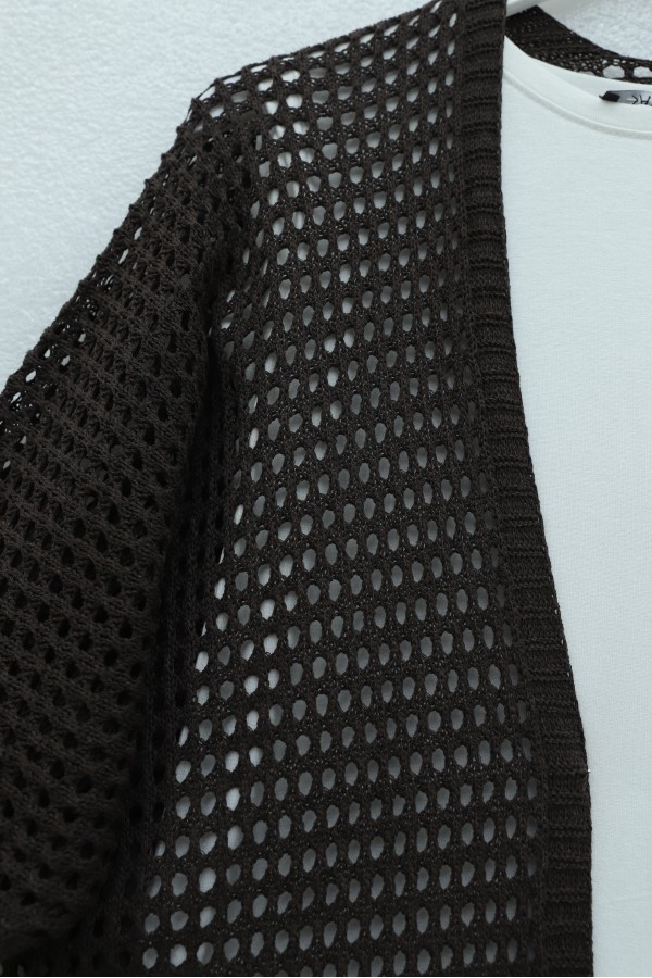 Bat Half Sleeve Openwork Knitwear Cardigan  -Brown