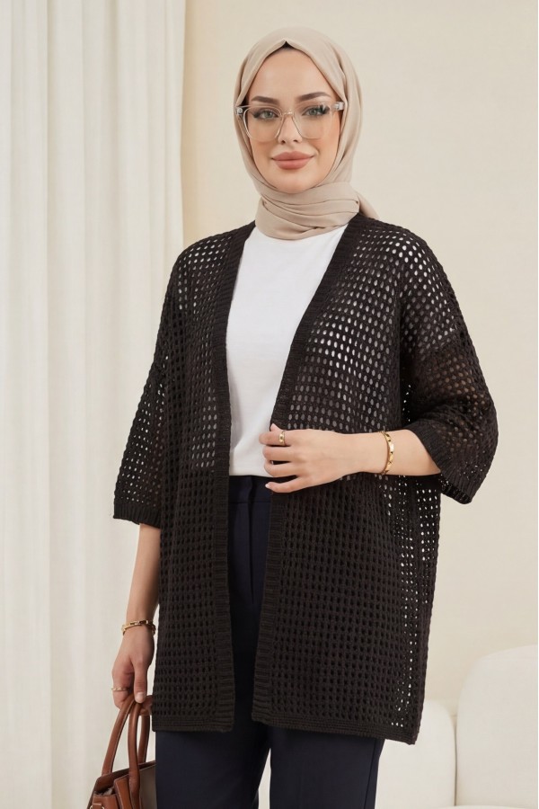 Bat Half Sleeve Openwork Knitwear Cardigan  -Brown