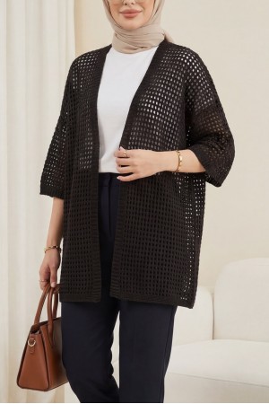 Yarasa Yarım Kol Ajurlu Triko Hırka  -Kahve