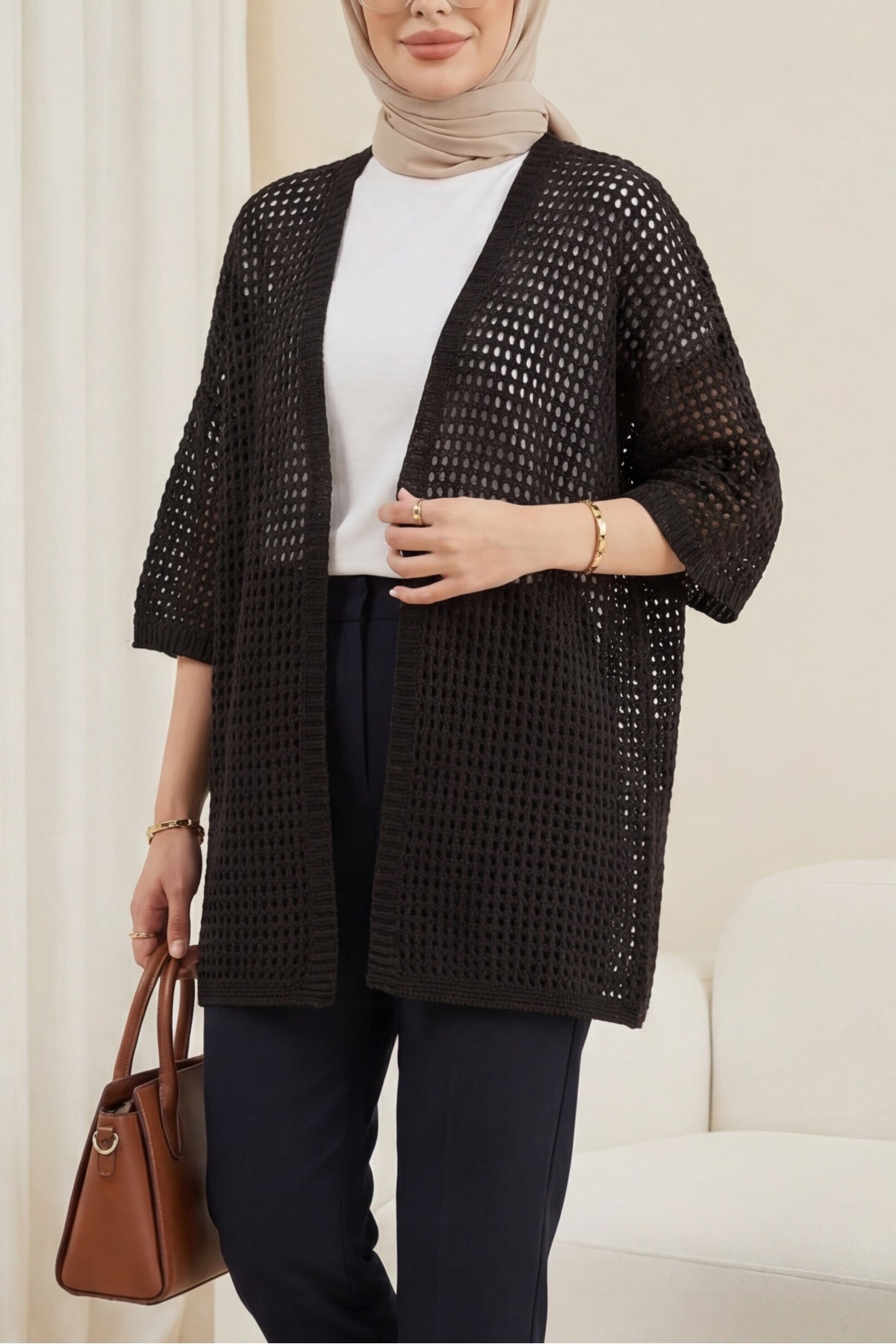 Bat Half Sleeve Openwork Knitwear Cardigan  -Brown