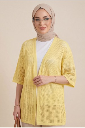 Yarasa Yarım Kol Ajurlu Triko Hırka  -Sarı