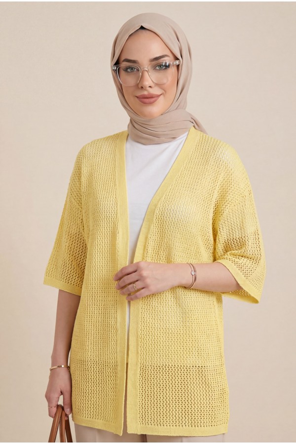 Yarasa Yarım Kol Ajurlu Triko Hırka  -Sarı
