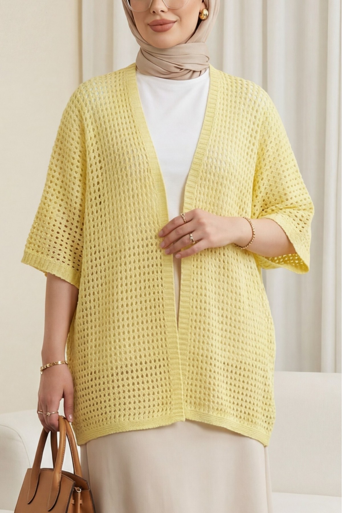 Bat Half Sleeve Openwork Knitwear Cardigan  -Yellow
