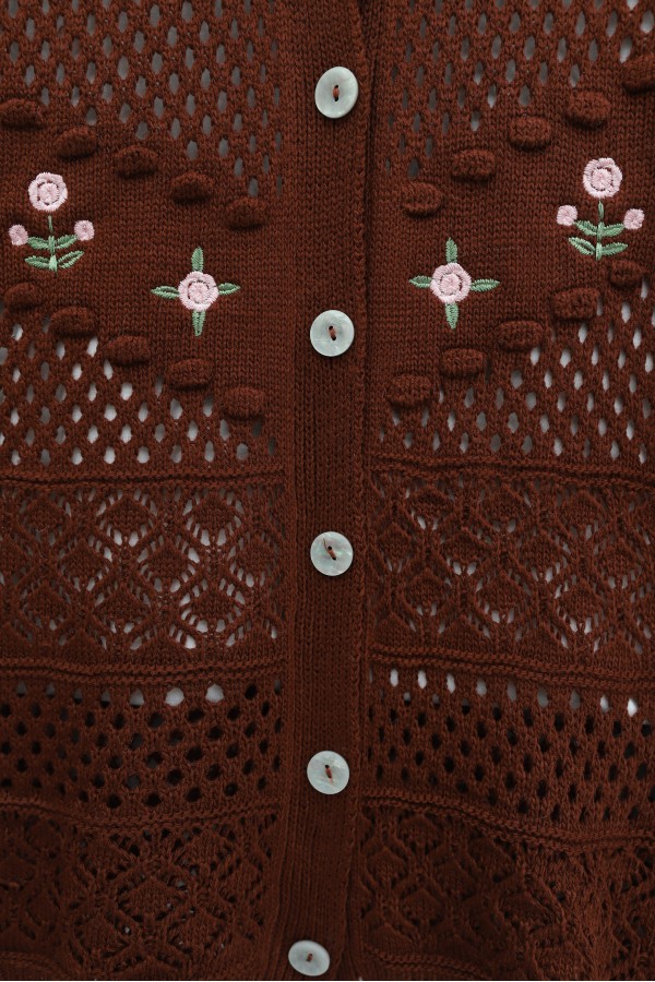 Knitted Cardigan with Floral Embroidery, Pom  -Brick color