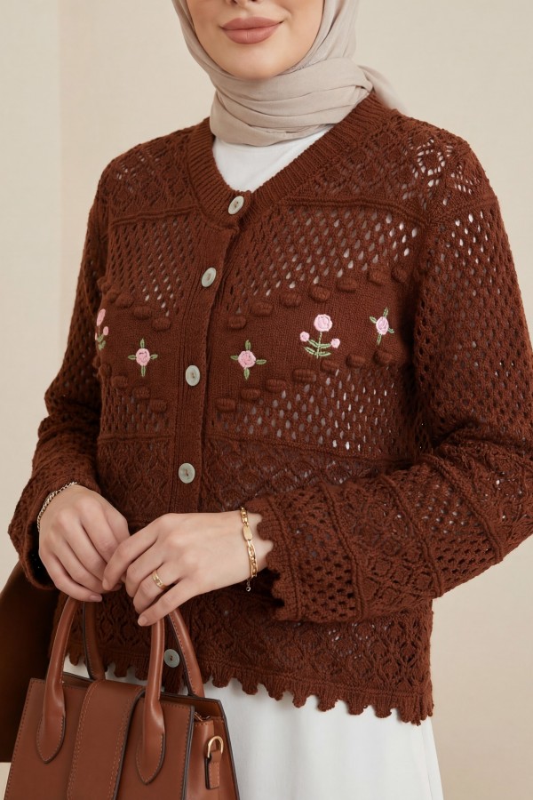 Knitted Cardigan with Floral Embroidery, Pom  -Brick color