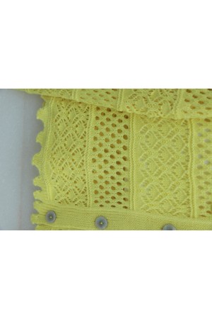 Önü Çiçek Nakışlı Ponponlu Düğmeli Triko Hırka   -Sarı