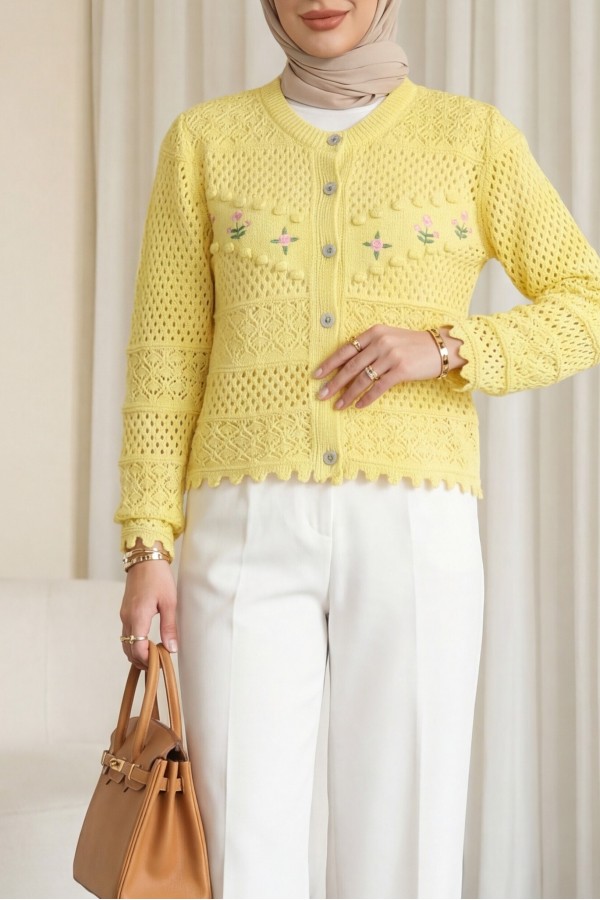 Knitted Cardigan with Floral Embroidery, Pom  -Yellow