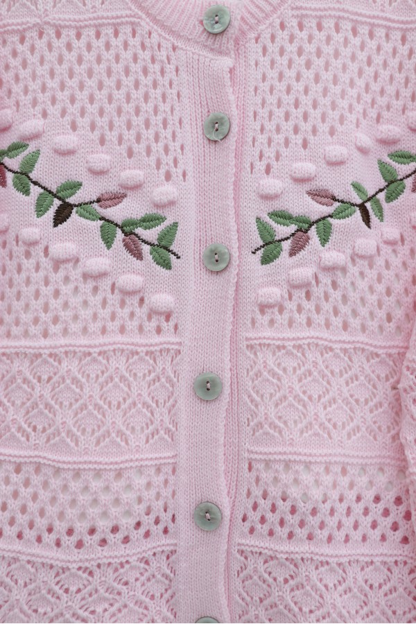 Buttoned Front Embroidered Openwork Knit Cardigan  -Pink