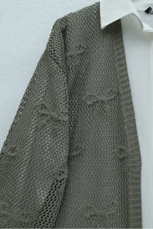 Bow Patterned Openwork Knit Cardigan -Khaki