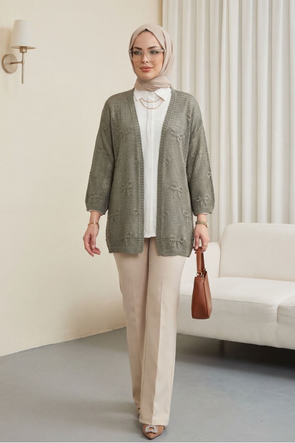 Bow Patterned Openwork Knit Cardigan -Khaki