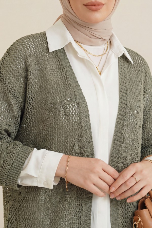 Bow Patterned Openwork Knit Cardigan -Khaki