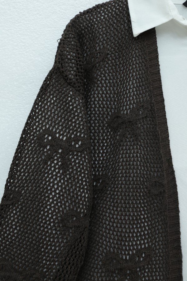 Bow Patterned Openwork Knit Cardigan -Dark Coffee