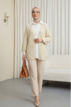 Fiyonk Desenli Ajurlu Triko Hırka -Krem