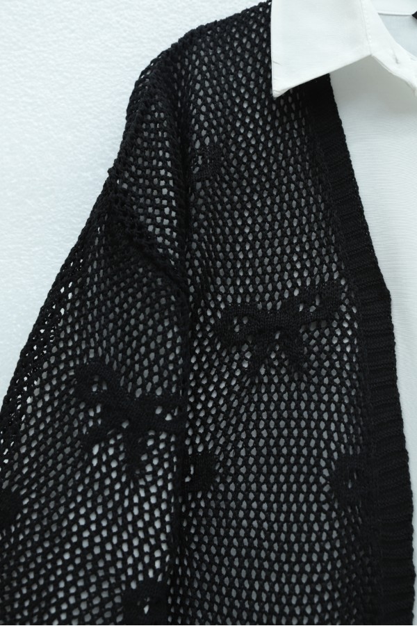 Bow Patterned Openwork Knit Cardigan -Black