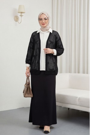 Fiyonk Desenli Ajurlu Triko Hırka -Siyah