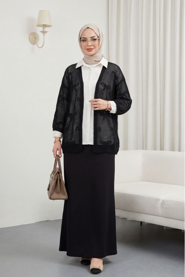 Bow Patterned Openwork Knit Cardigan -Black