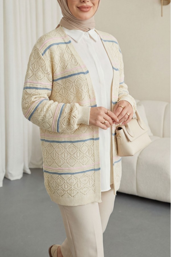 Colorful Striped Openwork Patterned Knitted Cardigan - Beige