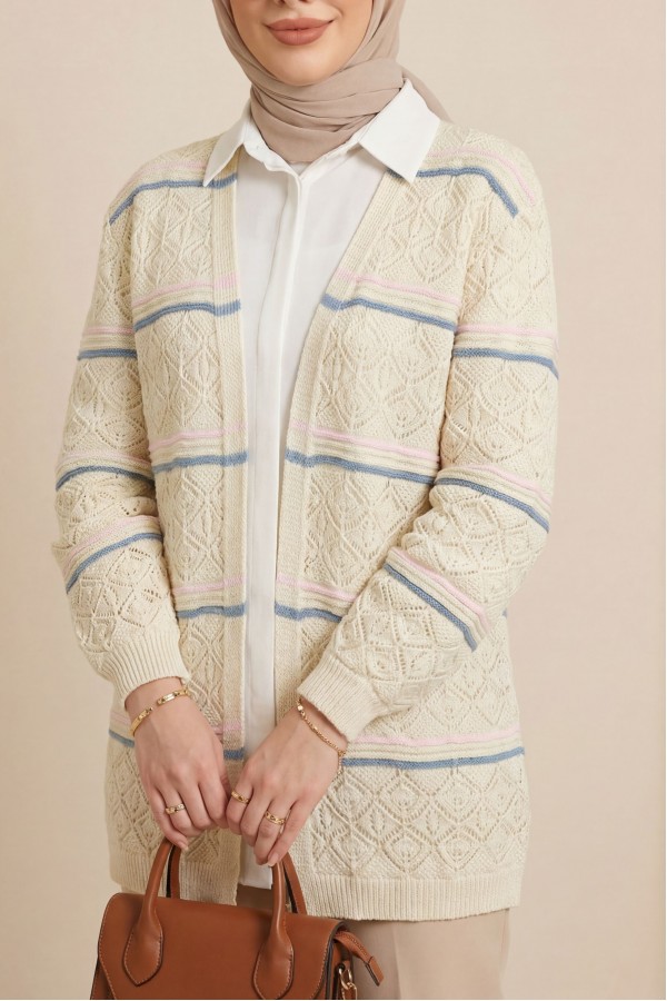 Colorful Striped Openwork Patterned Knitted Cardigan - Beige