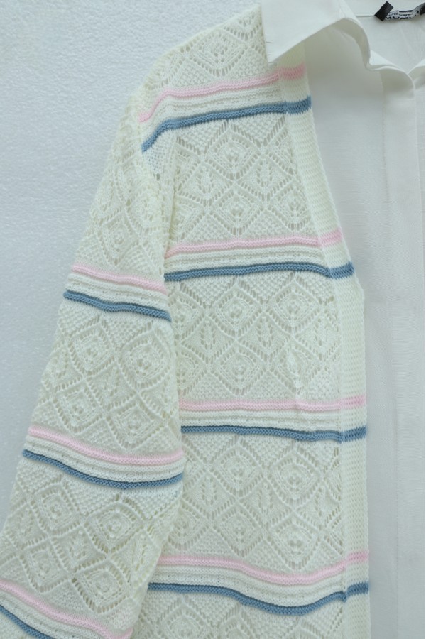 Colorful Striped Openwork Patterned Knitted Cardigan -White