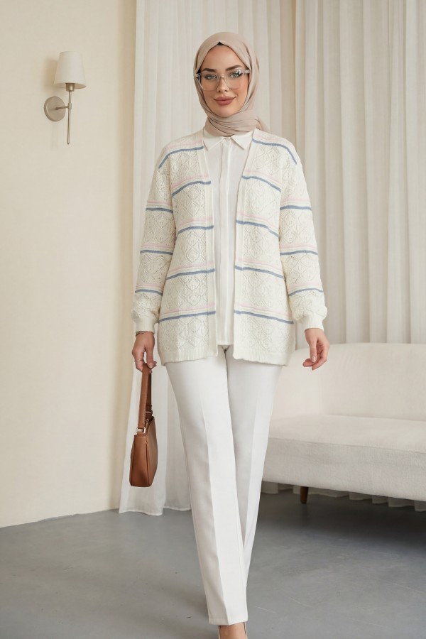 Colorful Striped Openwork Patterned Knitted Cardigan -White