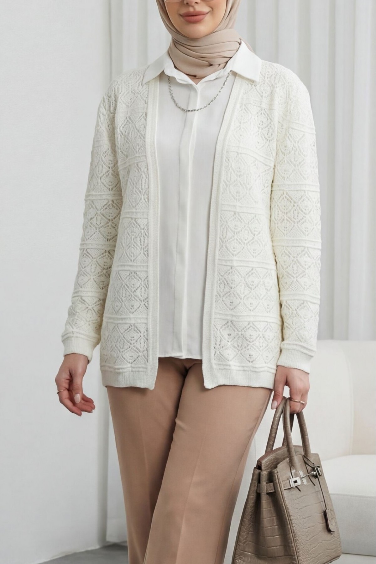 Square Patterned Openwork Loose Knit Cardigan -White
