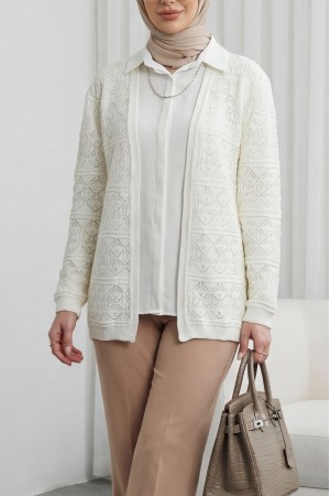 Kare Desenli Ajurlu Salaş Triko Hırka -Beyaz