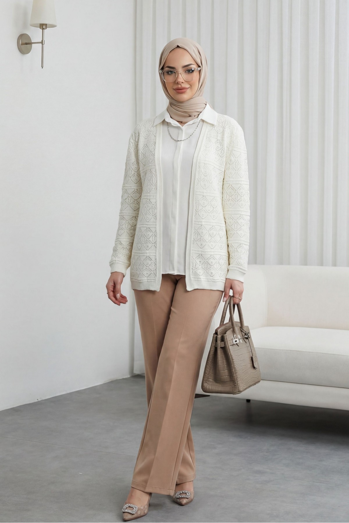 Square Patterned Openwork Loose Knit Cardigan -White