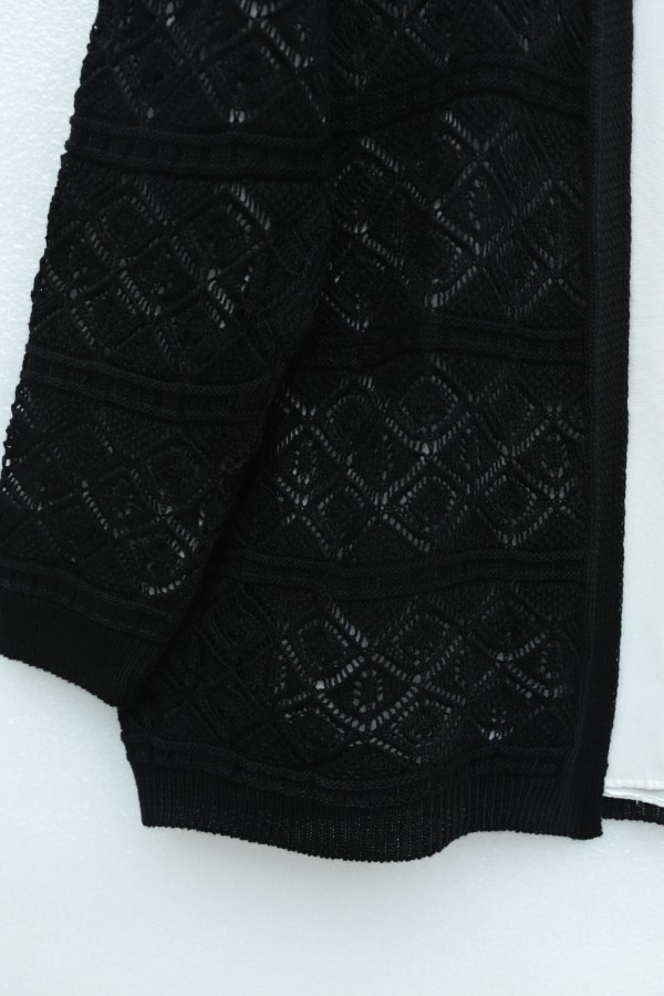 Square Patterned Openwork Loose Knit Cardigan -Black