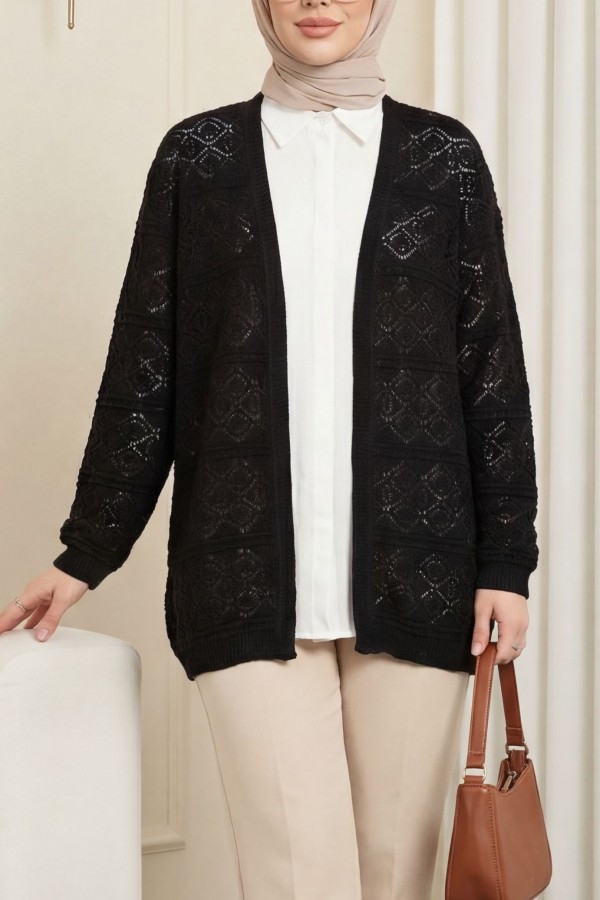 Square Patterned Openwork Loose Knit Cardigan -Black