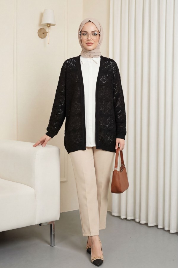 Square Patterned Openwork Loose Knit Cardigan -Black