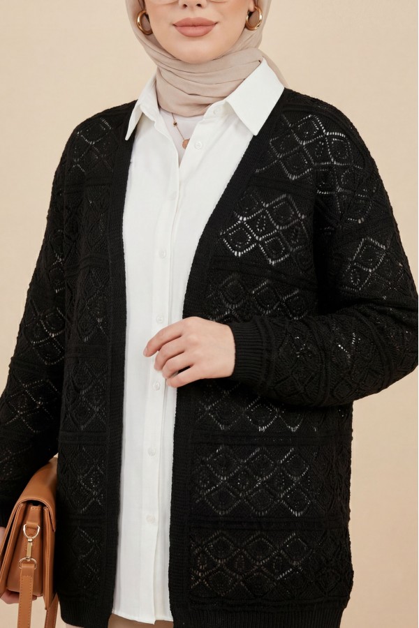Square Patterned Openwork Loose Knit Cardigan -Black